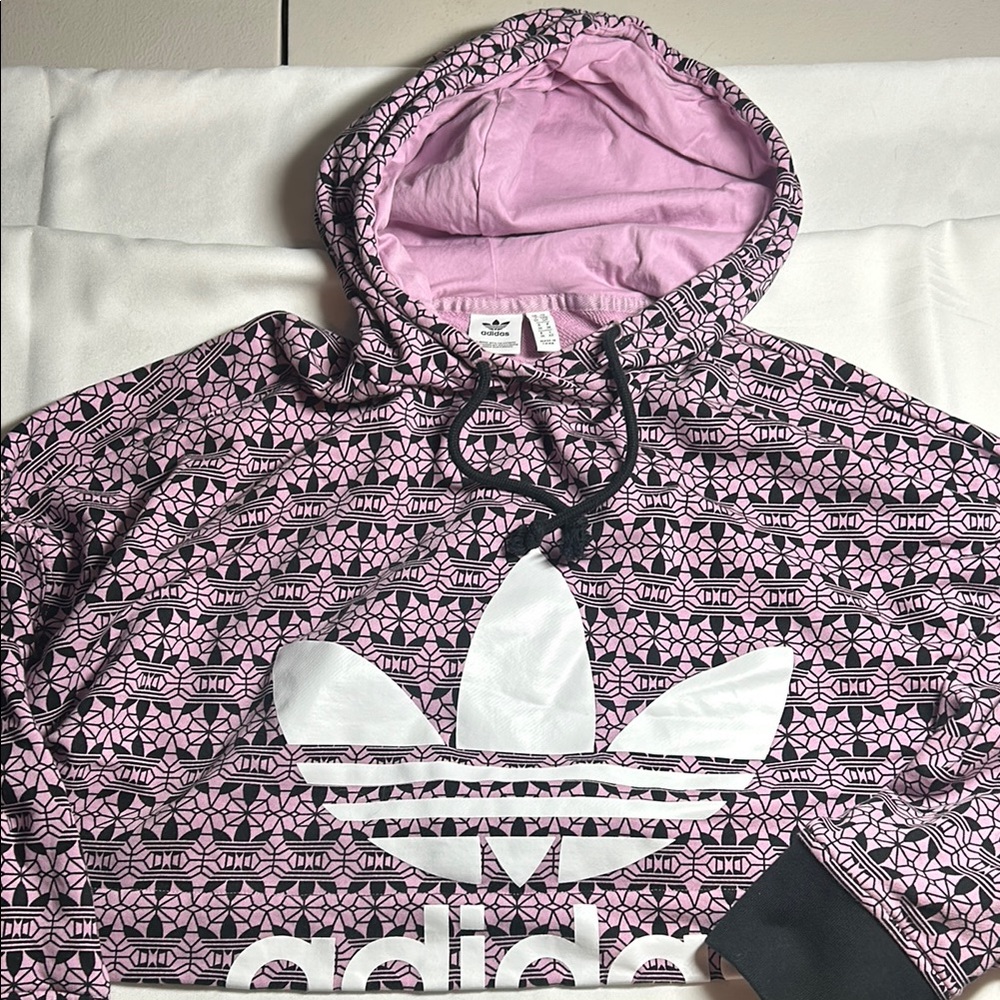 Adidas Pink and White Oversized Crop Hoodie
